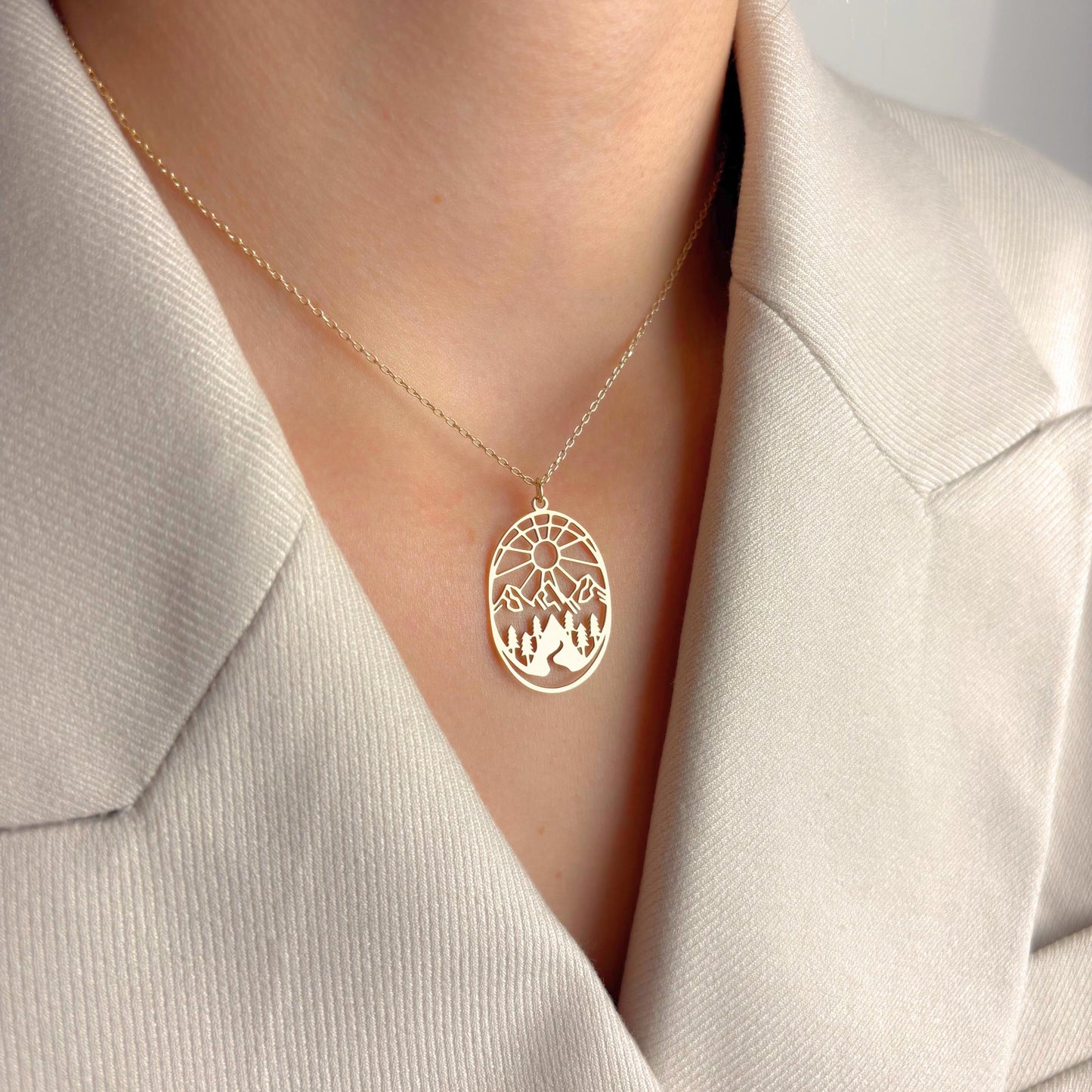 Mountain Necklace Gold , Nature Scene Pendant Jewelry, Hiking, Sunset Forest, Outdoors Lover Gift