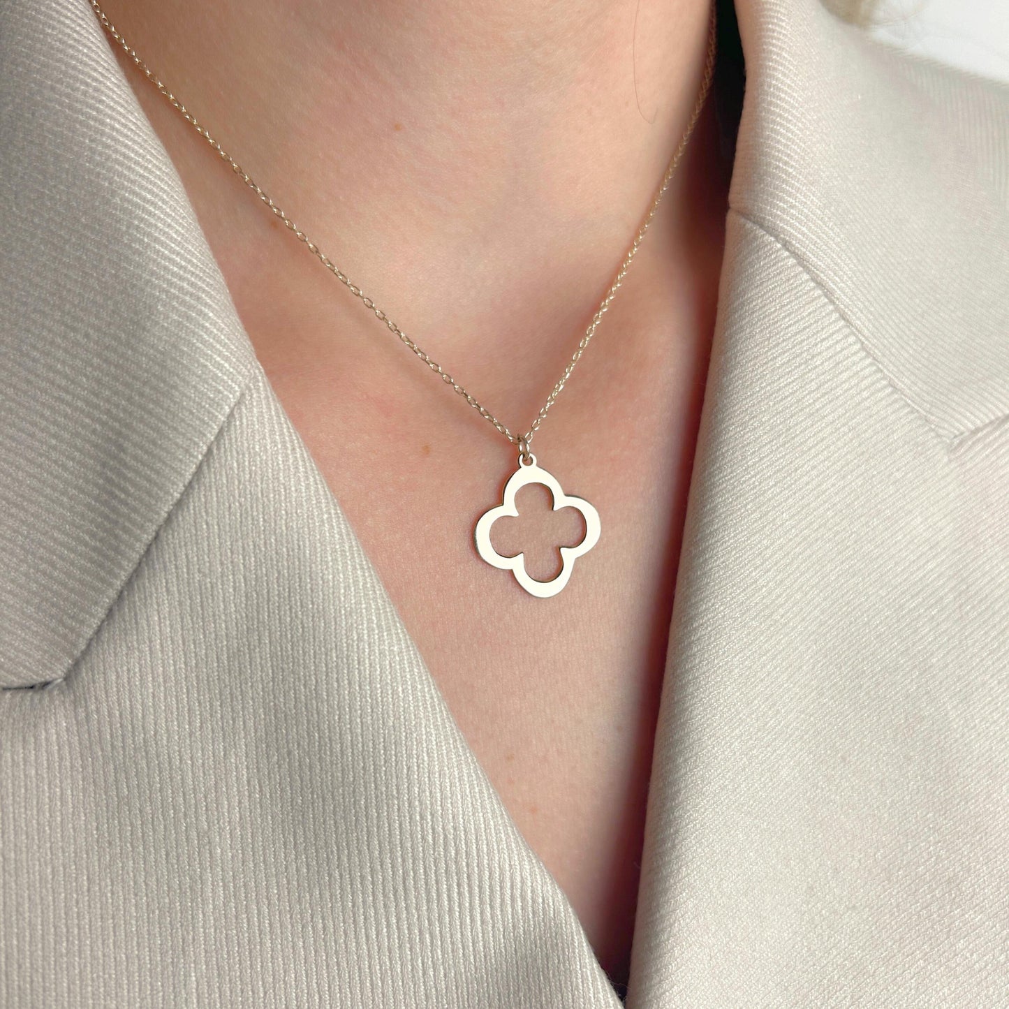 Quatrefoil Necklace Gold, Lucky Clover Pendant for Her, Dainty Minimalist Jewelry, Boho Geometric Charm