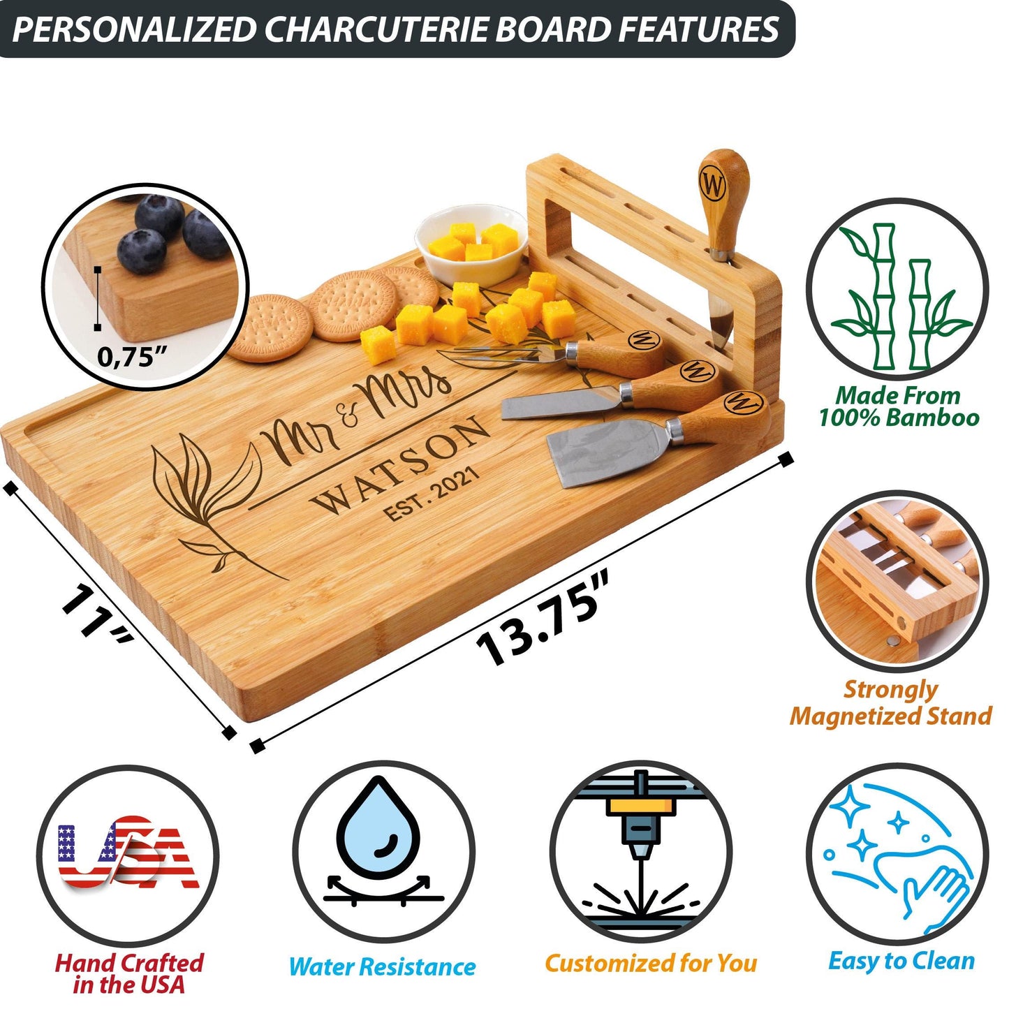 Bamboo Cheese | Cutting Board &  set | Handmade Charcuterie Serving Board, Personalized Engraved wooden Tray