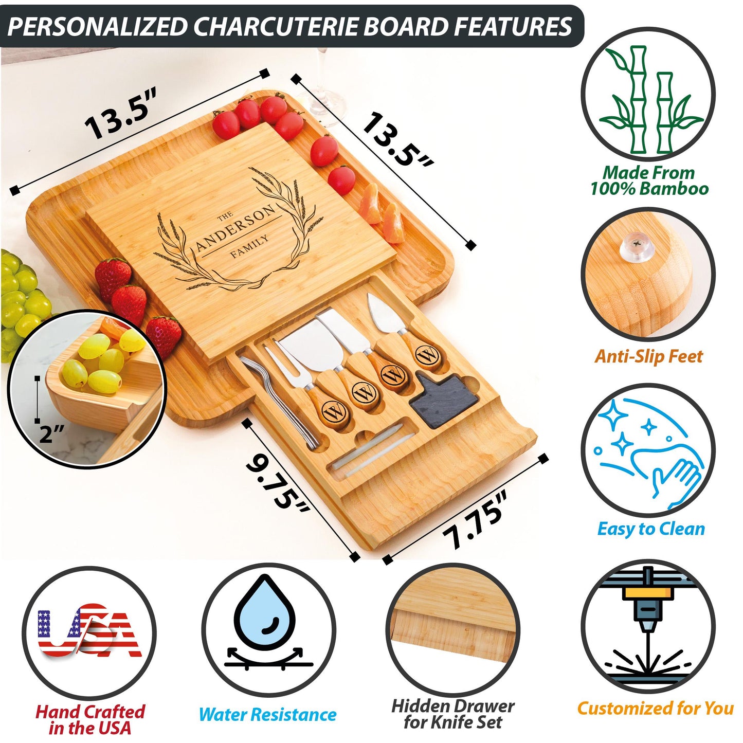 Engraved Bamboo Cheese Board: Personalized Charcuterie Tray