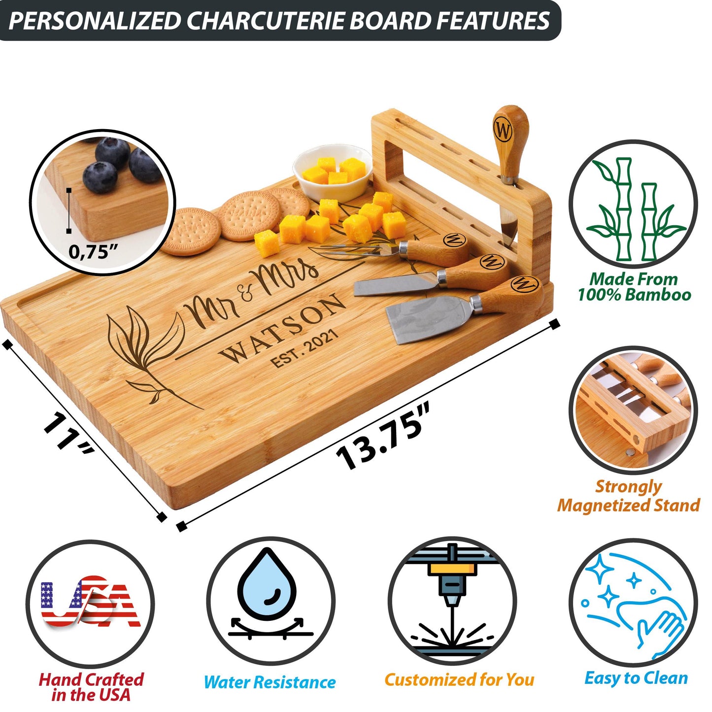 Custom Engraved Charcuterie Board, Rustic Wooden Serving Tray