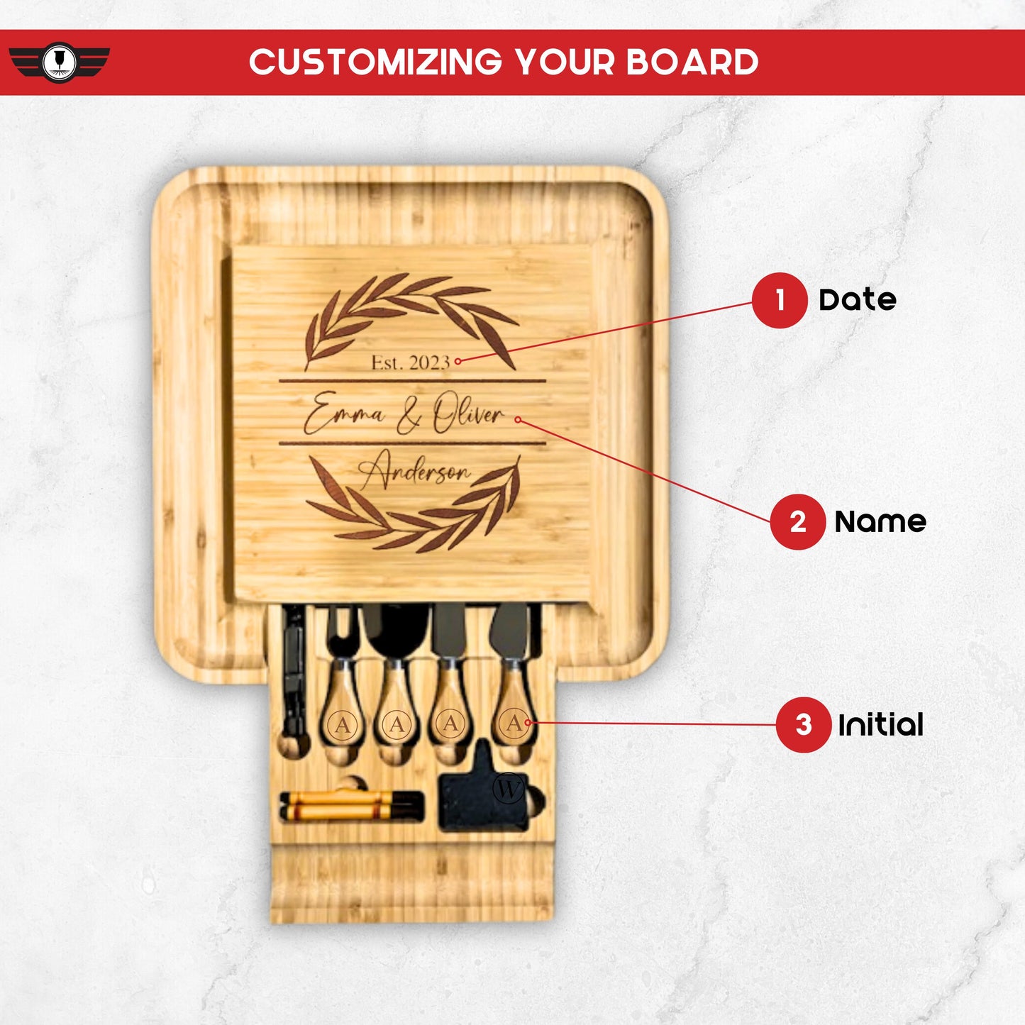 Personalized Bamboo Cutting Board Set with Knife, Engraved Cheese Board