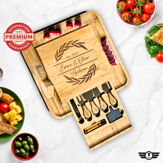 Personalized Bamboo Cutting Board Set with Knife, Engraved Cheese Board