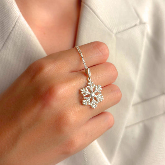 Snowflake Necklace Silver, Winter Jewelry for Her, Holiday Pendant, Dainty Snow Charm