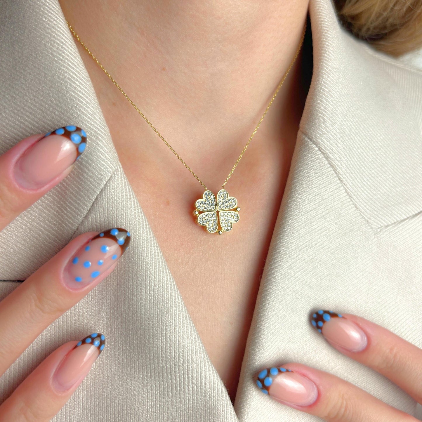 Gold Four Leaf Clover Necklace, Lucky Charm Pendant Jewelry, Sparkly Crystal Quatrefoil