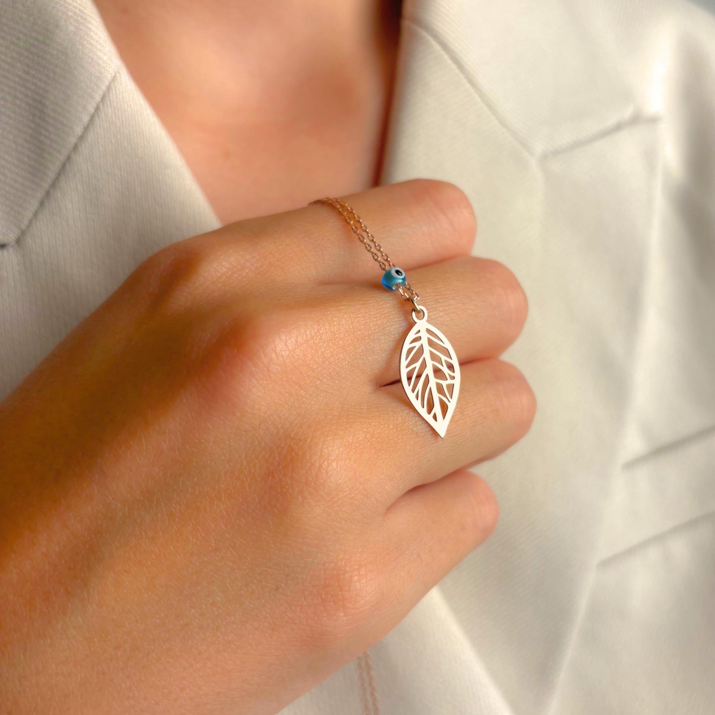 Leaf Pendant Necklace with Evil Eye Bead, Dainty Gold Nature Jewelry, Minimalist Lucky Charm