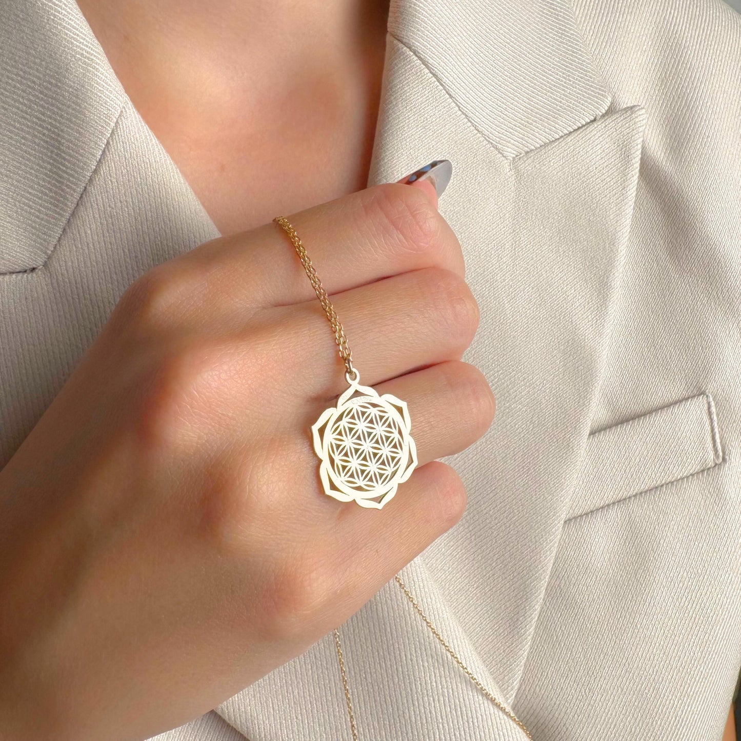 Flower of Life Necklace Gold, Sacred Geometry Mandala Pendant, Spiritual Jewelry, Yoga Chakra Charm