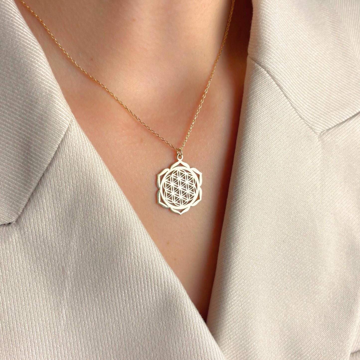 Flower of Life Necklace Gold, Sacred Geometry Mandala Pendant, Spiritual Jewelry, Yoga Chakra Charm