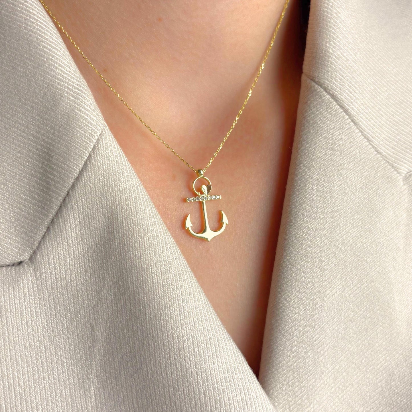 Gold Anchor Necklace Crystal Bar, Nautical Pendant for Women, Sailor Jewelry, Ocean Lover Gift