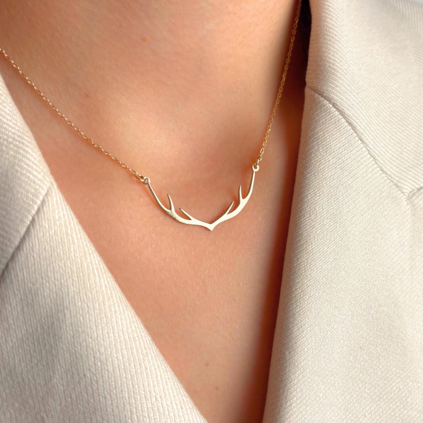 Gold Antler Necklace for Her, Minimalist Rustic Deer Pendant, Nature Lover Jewelry Gift