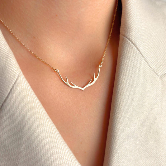 Gold Antler Necklace for Her, Minimalist Rustic Deer Pendant, Nature Lover Jewelry Gift