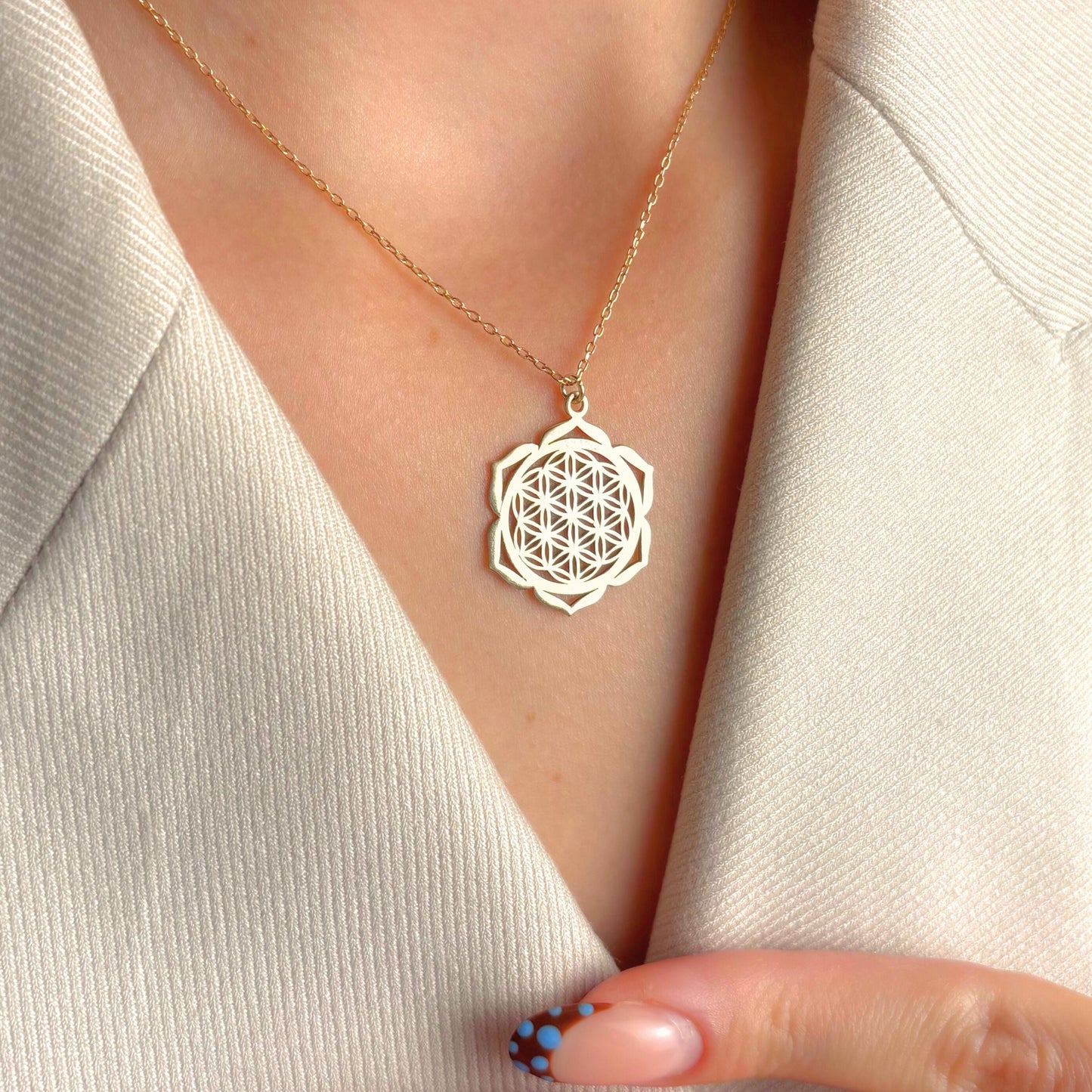 Flower of Life Necklace Gold, Sacred Geometry Mandala Pendant, Spiritual Jewelry, Yoga Chakra Charm