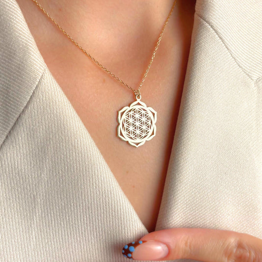 Flower of Life Necklace Gold, Sacred Geometry Mandala Pendant, Spiritual Jewelry, Yoga Chakra Charm