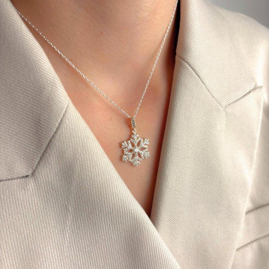 Snowflake Necklace Silver, Winter Jewelry for Her, Holiday Pendant, Dainty Snow Charm