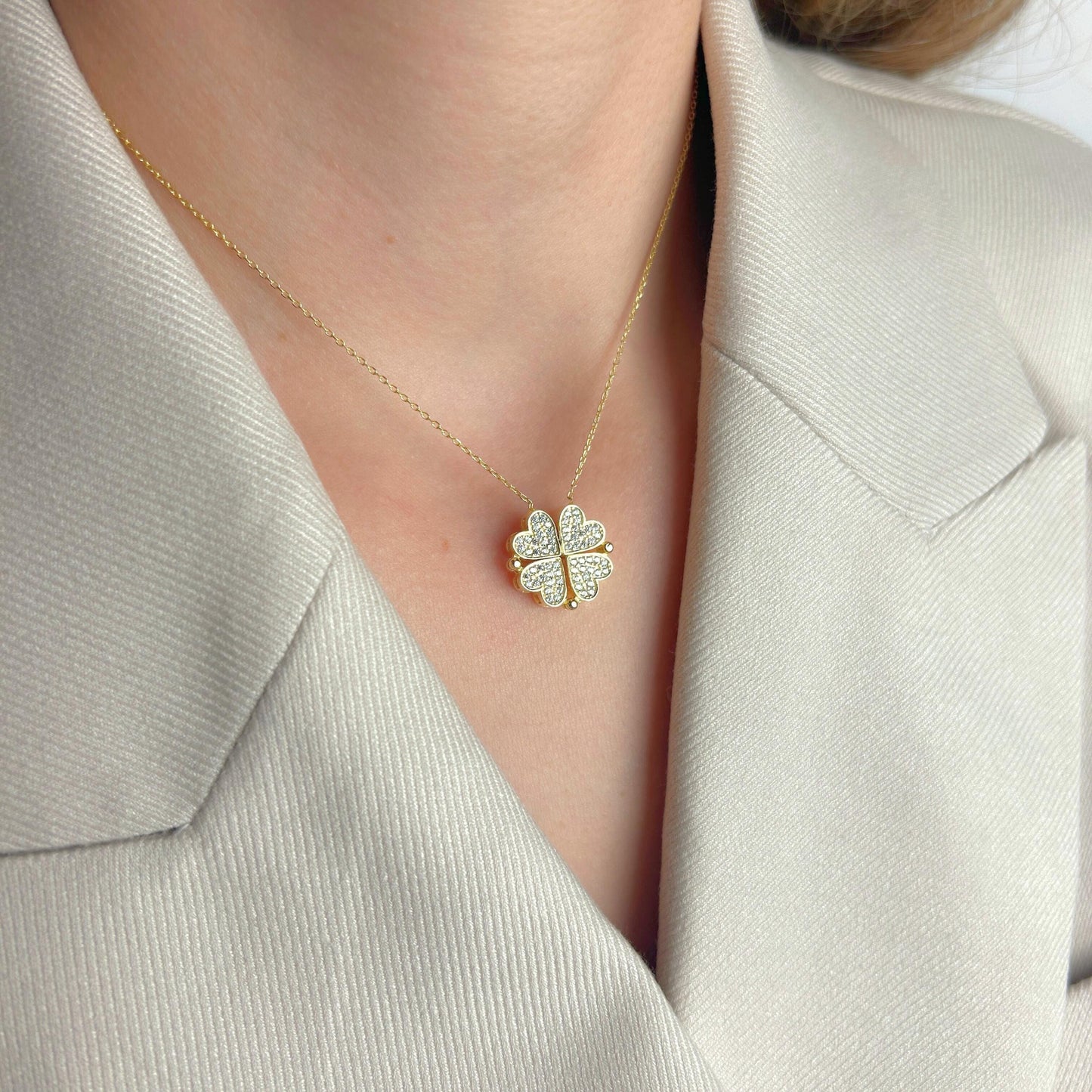 Gold Four Leaf Clover Necklace, Lucky Charm Pendant Jewelry, Sparkly Crystal Quatrefoil
