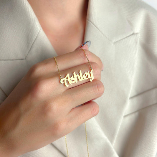 Custom Name Necklace, Personalized Pendant, Old English Font Jewelry, Gold Nameplate, Birthday Charm