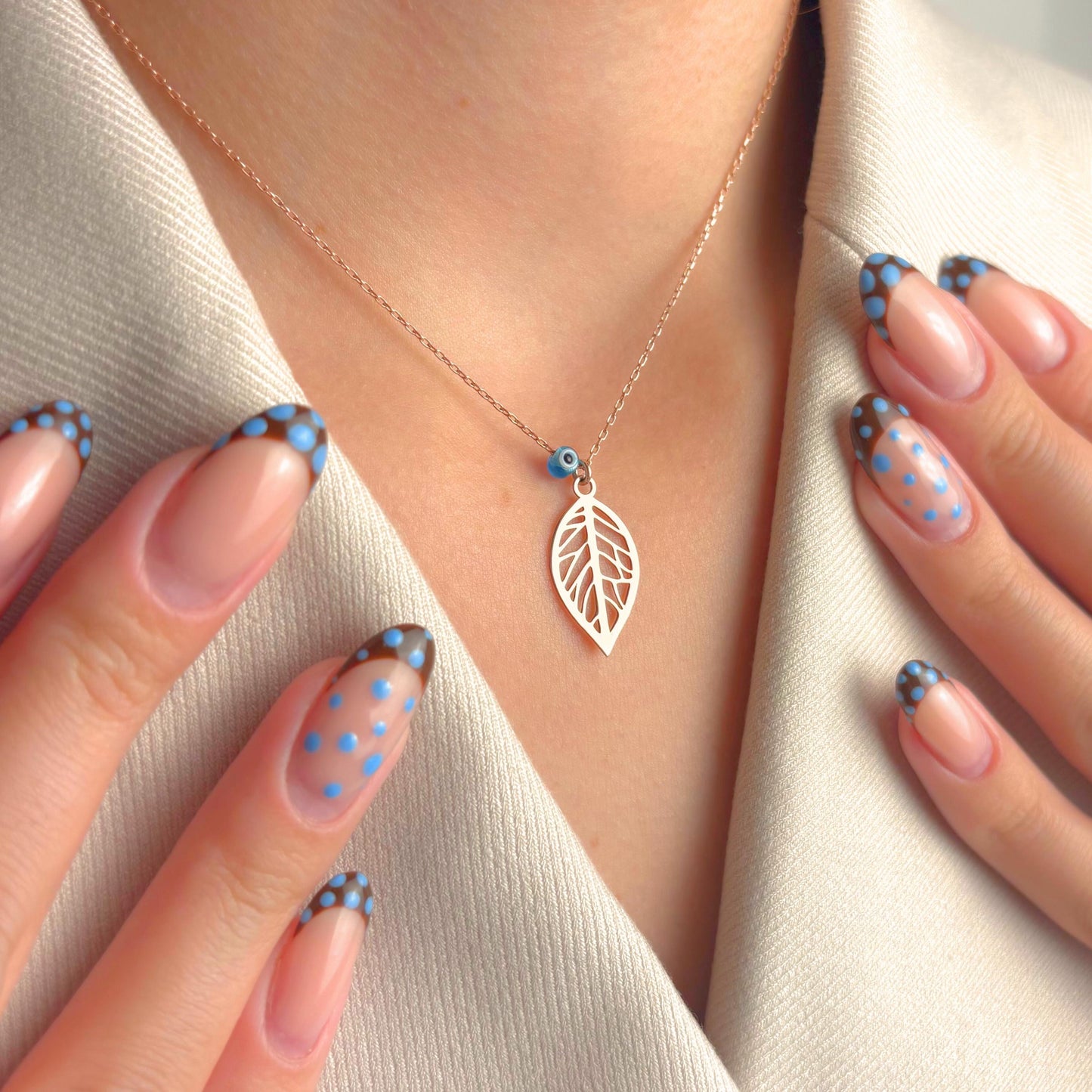 Leaf Pendant Necklace with Evil Eye Bead, Dainty Gold Nature Jewelry, Minimalist Lucky Charm