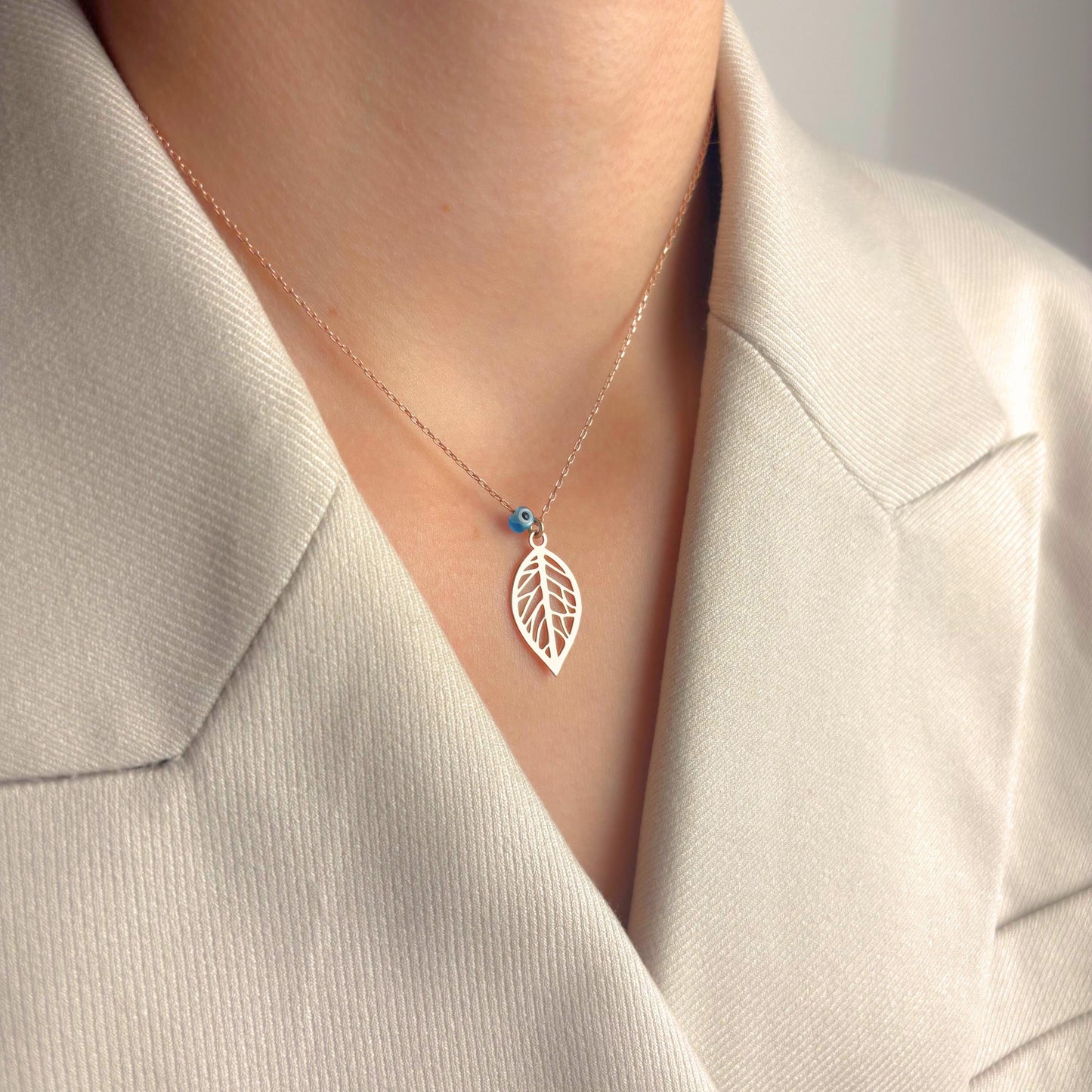 Leaf Pendant Necklace with Evil Eye Bead, Dainty Gold Nature Jewelry, Minimalist Lucky Charm