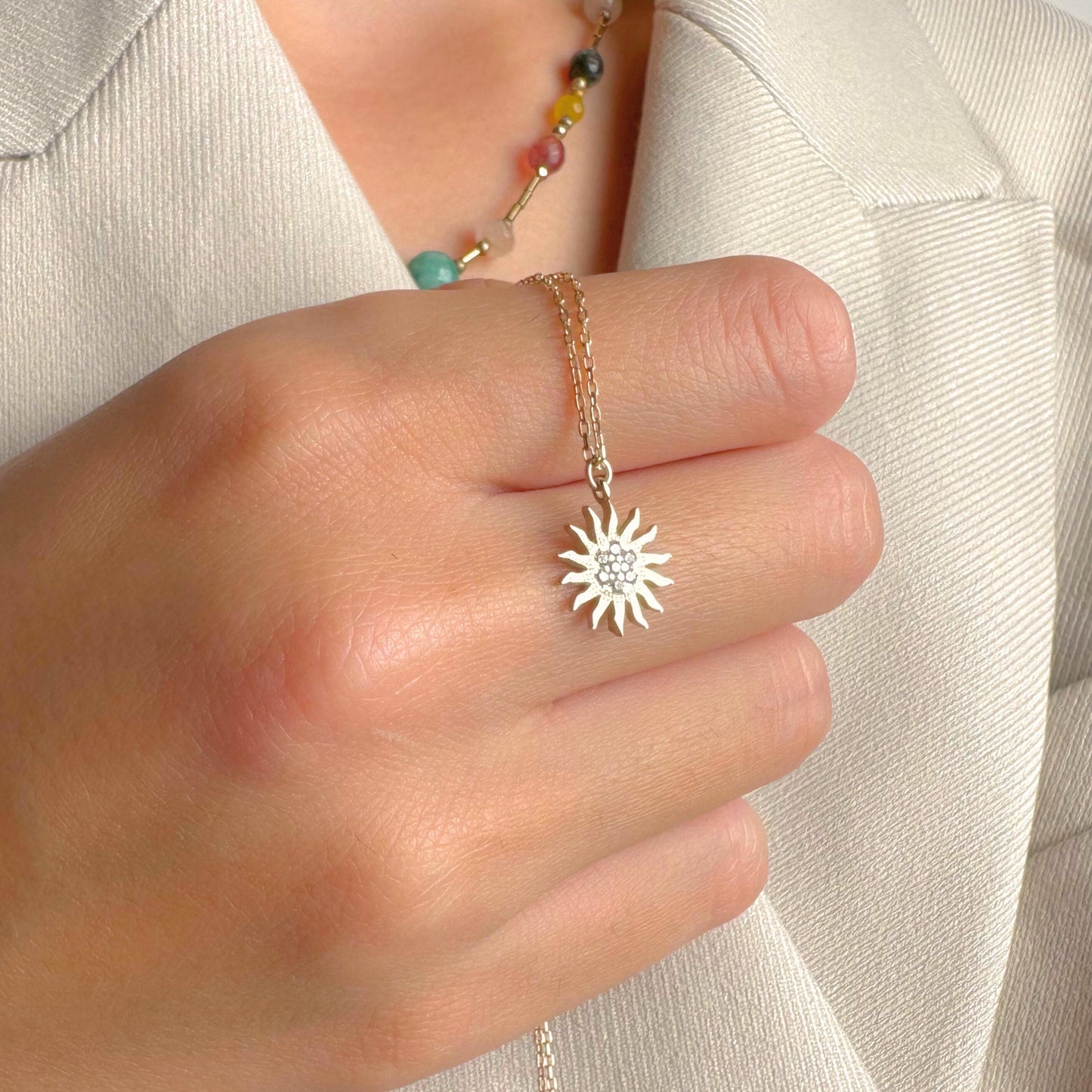Sunburst Necklace Gold, Radiant Sun Charm Pendant, Dainty Celestial Jewelry