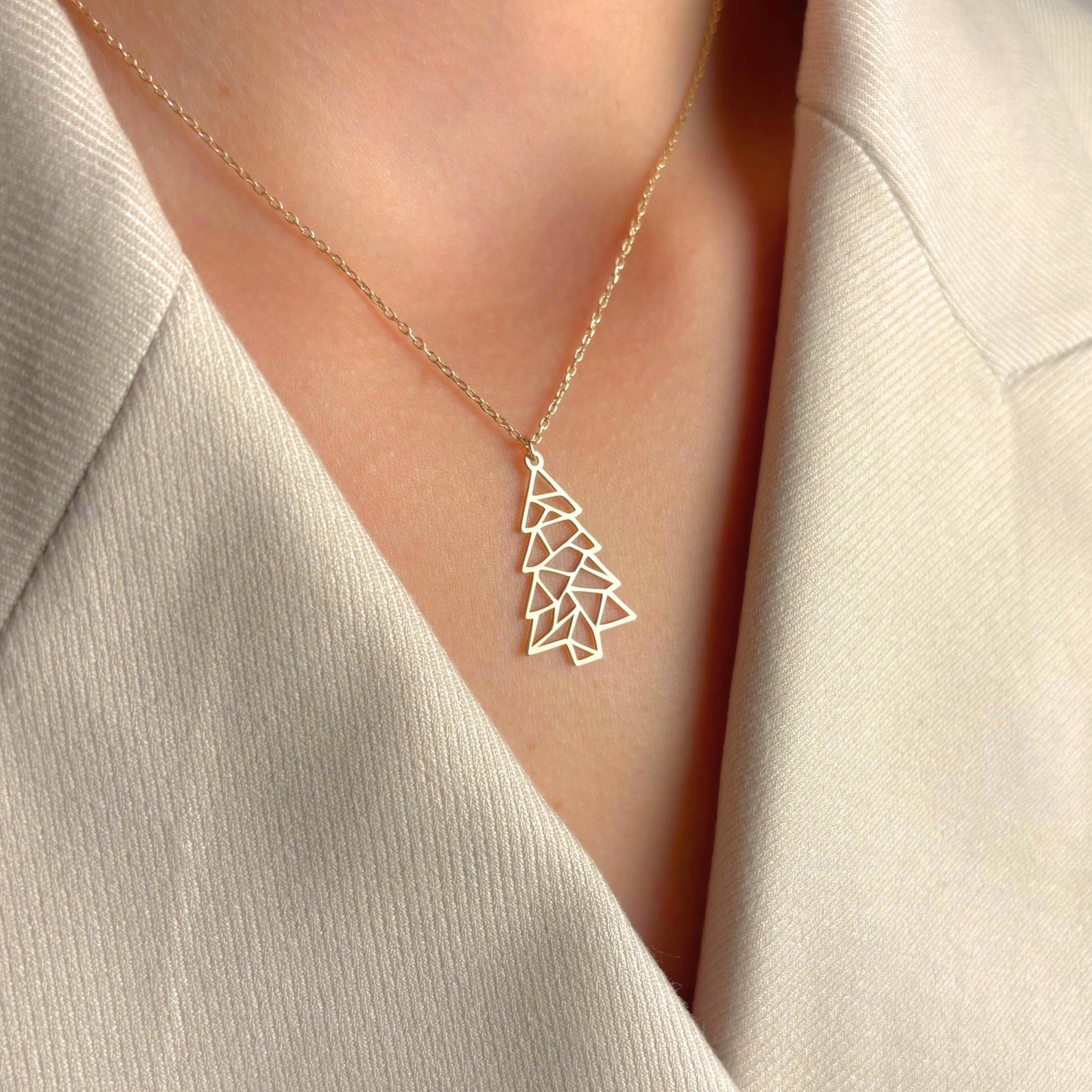 Christmas Tree Necklace Gold, Holiday Jewelry, Modern Xmas Pendant