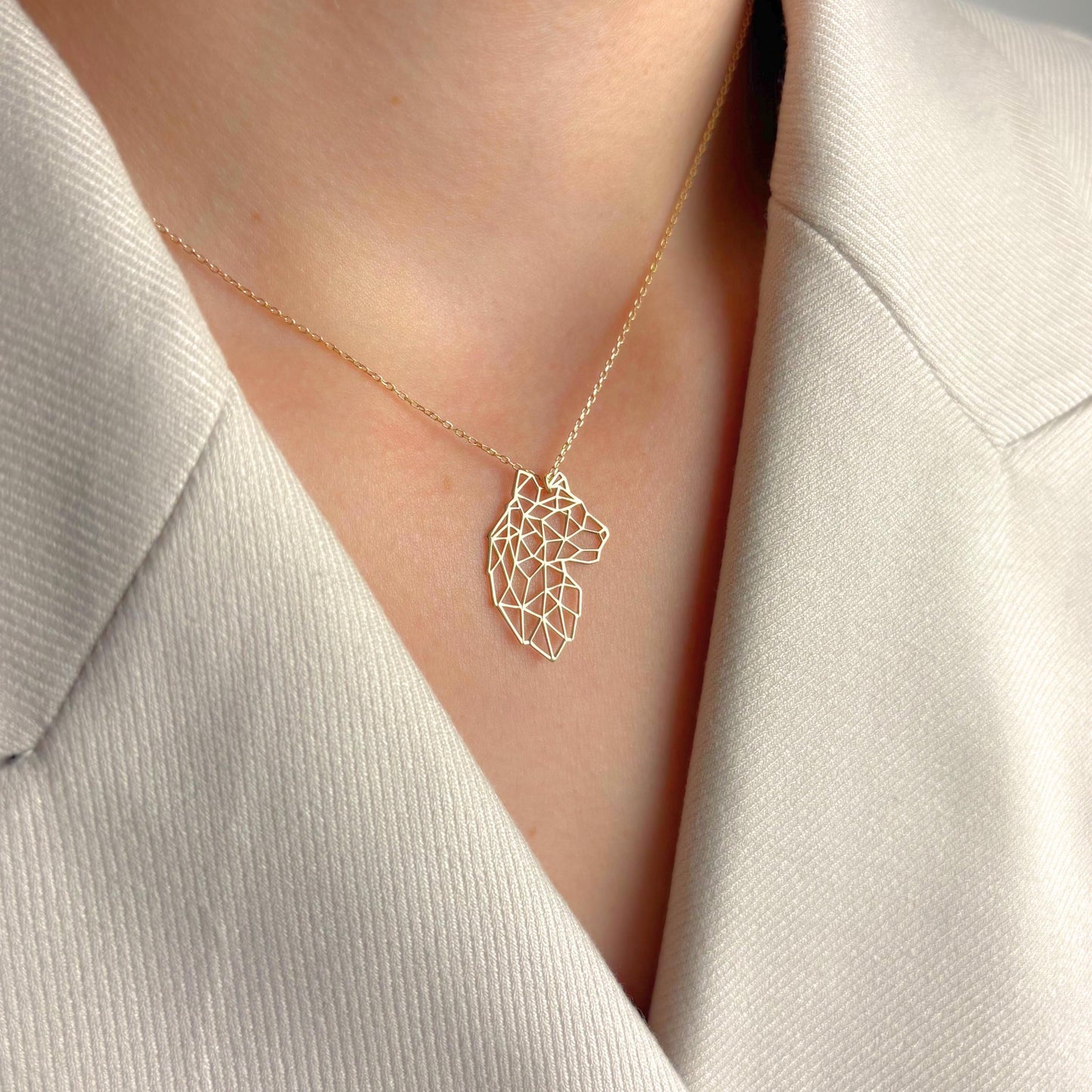 Geometric Lion Necklace, Strength Jewelry for Her, Minimalist Gold Animal Pendant, Brave Woman Gift