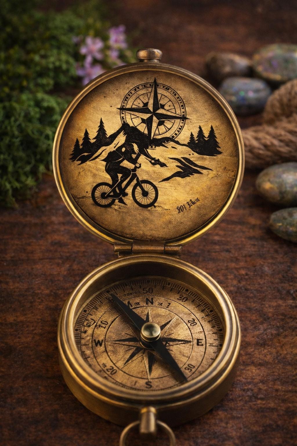 Personalized Vintage Pocket Compass – Laser Engraved Compass – Mountain & Biking Design – Antique Brass Adventure Gift