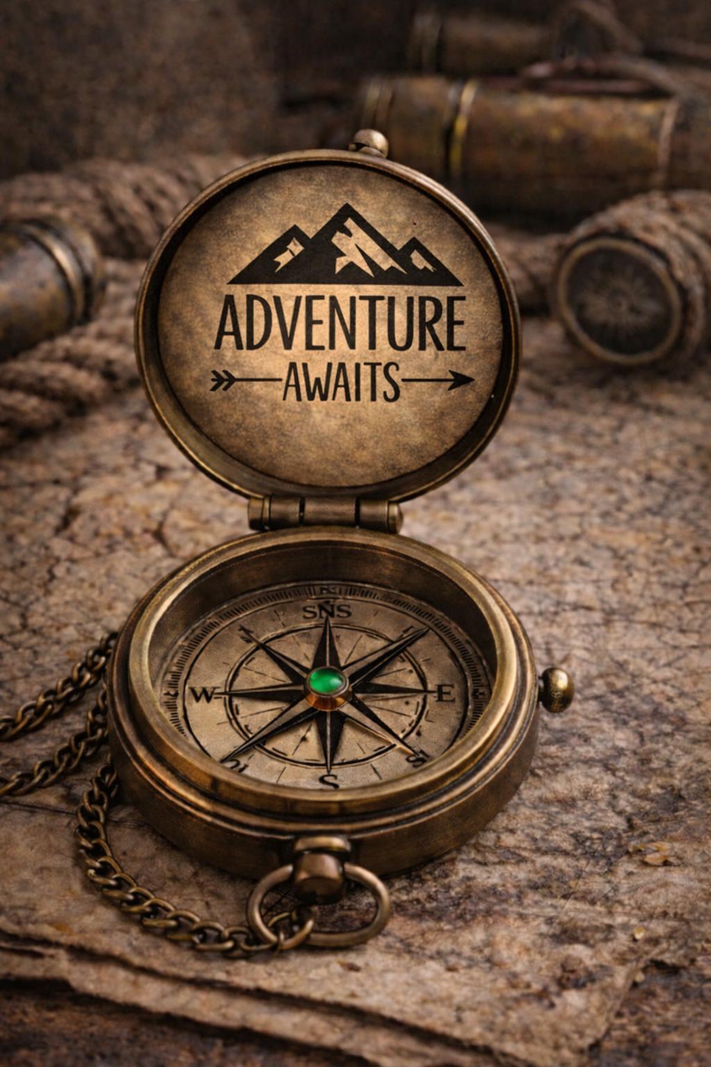 Personalized Vintage Pocket Compass – Laser Engraved Compass – Mountain & Biking Design – Antique Brass Adventure Gift